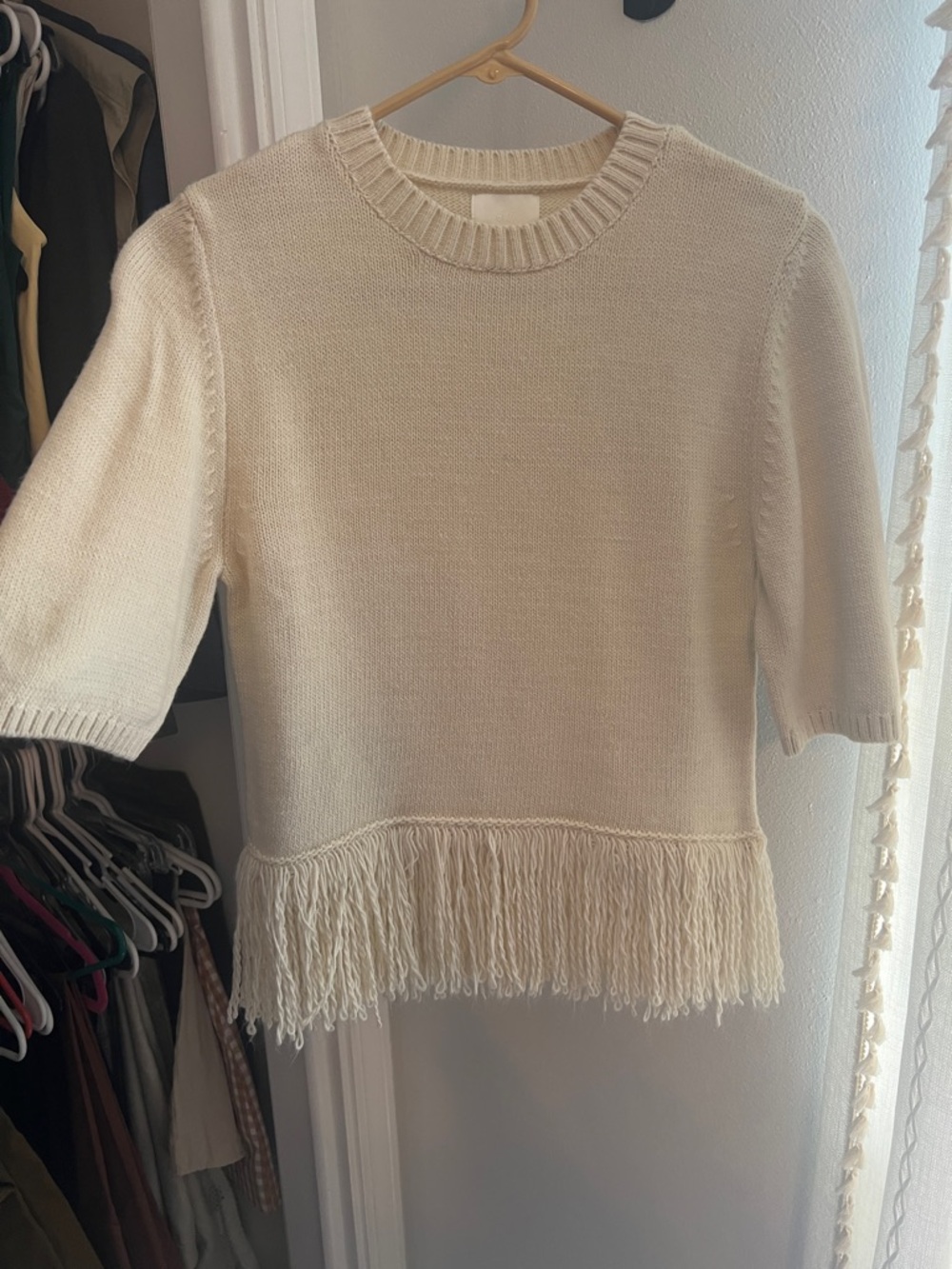 Cream Fringe Hem Short Sleeve Sweater